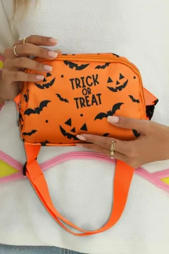 Best Dear-Lover Halloween TRICK OR TREAT Bat Pumpkin Print Crossbody Bag Orange