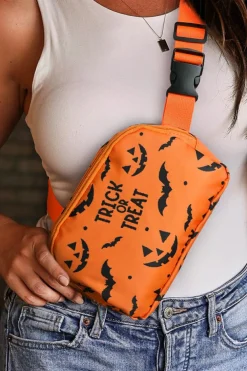 Best Dear-Lover Halloween TRICK OR TREAT Bat Pumpkin Print Crossbody Bag Orange