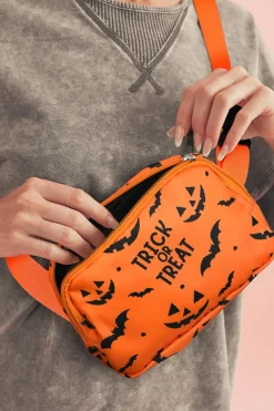 Best Dear-Lover Halloween TRICK OR TREAT Bat Pumpkin Print Crossbody Bag Orange