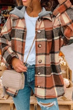 Clearance Dear-Lover Hooded Plaid Button Front Shacket Orange