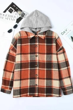 Clearance Dear-Lover Hooded Plaid Button Front Shacket Orange