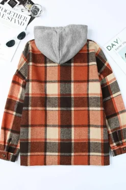 Clearance Dear-Lover Hooded Plaid Button Front Shacket Orange