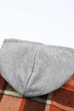 Clearance Dear-Lover Hooded Plaid Button Front Shacket Orange