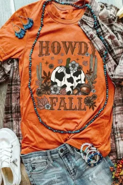 Hot Dear-Lover HOWDY FALL Western Pumpkin Graphic T Shirt Orange