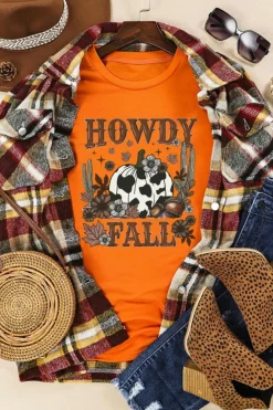 Hot Dear-Lover HOWDY FALL Western Pumpkin Graphic T Shirt Orange