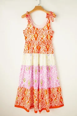 Hot Dear-Lover Knotted Straps Leopard Colorblock Dress Orange
