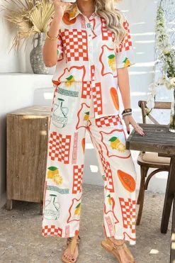 Hot Dear-Lover Lemon Pawpaw Print Half Sleeve Shirt and Pants Set Orange