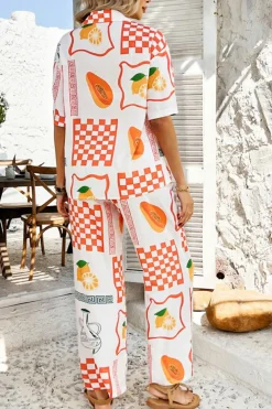 Hot Dear-Lover Lemon Pawpaw Print Half Sleeve Shirt and Pants Set Orange