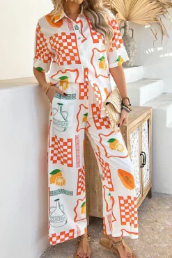 Hot Dear-Lover Lemon Pawpaw Print Half Sleeve Shirt and Pants Set Orange