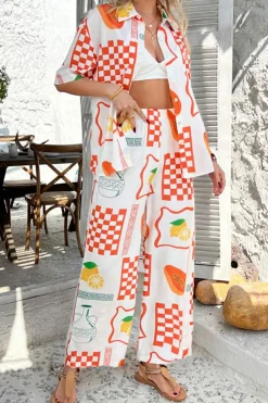 Hot Dear-Lover Lemon Pawpaw Print Half Sleeve Shirt and Pants Set Orange