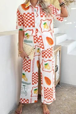 Hot Dear-Lover Lemon Pawpaw Print Half Sleeve Shirt and Pants Set Orange
