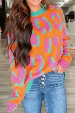 Hot Dear-Lover Leopard Colorblock Ribbed Edge Sweater Orange