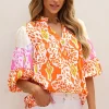 Online Dear-Lover Leopard Colorblock Puff Sleeve Split Neck Blouse Orange