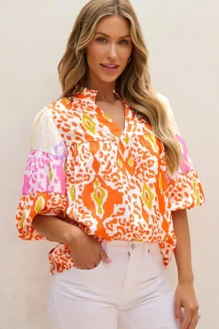 Online Dear-Lover Leopard Colorblock Puff Sleeve Split Neck Blouse Orange