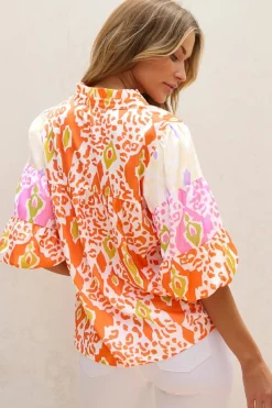 Online Dear-Lover Leopard Colorblock Puff Sleeve Split Neck Blouse Orange