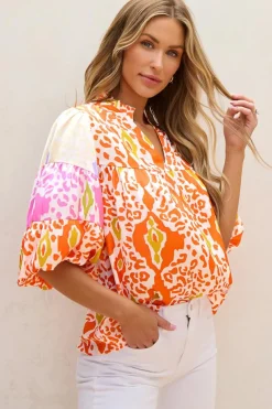 Online Dear-Lover Leopard Colorblock Puff Sleeve Split Neck Blouse Orange