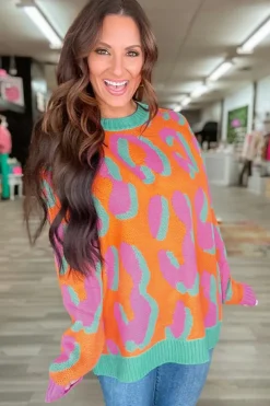 Hot Dear-Lover Leopard Colorblock Ribbed Edge Sweater Orange