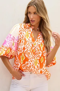 Online Dear-Lover Leopard Colorblock Puff Sleeve Split Neck Blouse Orange