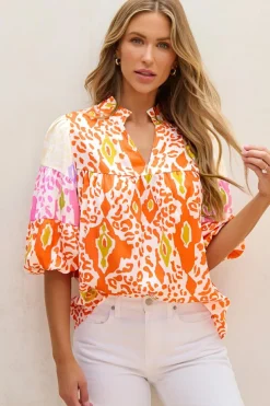 Online Dear-Lover Leopard Colorblock Puff Sleeve Split Neck Blouse Orange