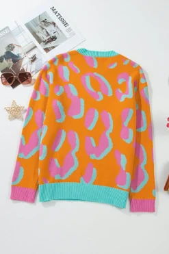 Hot Dear-Lover Leopard Colorblock Ribbed Edge Sweater Orange