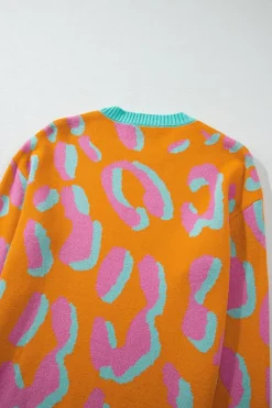 Hot Dear-Lover Leopard Colorblock Ribbed Edge Sweater Orange