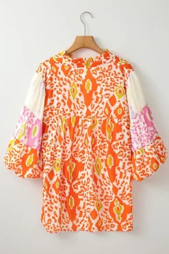 Online Dear-Lover Leopard Colorblock Puff Sleeve Split Neck Blouse Orange