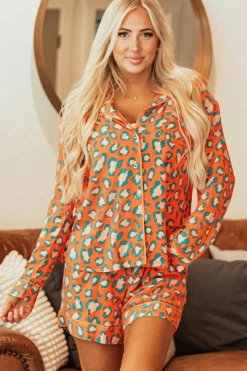 Discount Dear-Lover Leopard Print Long Sleeve Shirt and Shorts Pajama Set Orange