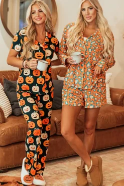 Discount Dear-Lover Leopard Print Long Sleeve Shirt and Shorts Pajama Set Orange