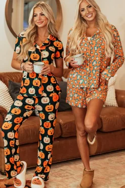 Discount Dear-Lover Leopard Print Long Sleeve Shirt and Shorts Pajama Set Orange