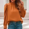 Discount Dear-Lover Long Bubble Sleeve Mock Neck Chiffon Blouse Orange