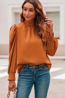 Discount Dear-Lover Long Bubble Sleeve Mock Neck Chiffon Blouse Orange