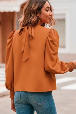 Discount Dear-Lover Long Bubble Sleeve Mock Neck Chiffon Blouse Orange