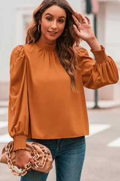 Discount Dear-Lover Long Bubble Sleeve Mock Neck Chiffon Blouse Orange