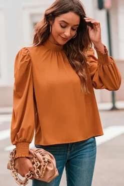 Discount Dear-Lover Long Bubble Sleeve Mock Neck Chiffon Blouse Orange