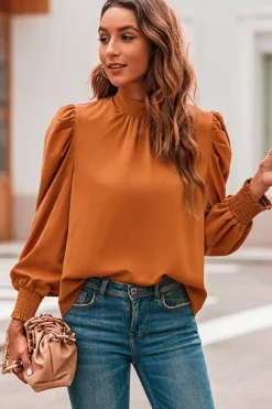 Discount Dear-Lover Long Bubble Sleeve Mock Neck Chiffon Blouse Orange