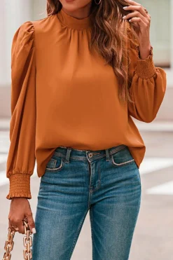 Discount Dear-Lover Long Bubble Sleeve Mock Neck Chiffon Blouse Orange