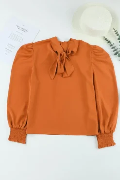 Discount Dear-Lover Long Bubble Sleeve Mock Neck Chiffon Blouse Orange