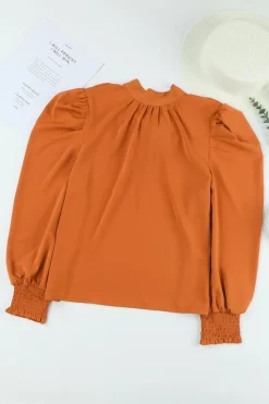 Discount Dear-Lover Long Bubble Sleeve Mock Neck Chiffon Blouse Orange