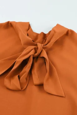 Discount Dear-Lover Long Bubble Sleeve Mock Neck Chiffon Blouse Orange