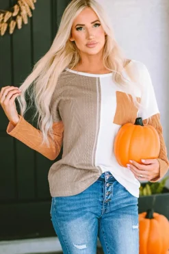 Sale Dear-Lover Long Sleeve Colorblock Chest Pocket Textured Knit Top Orange