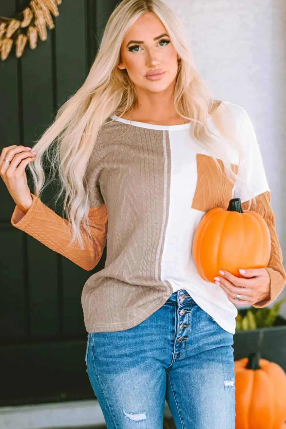 Sale Dear-Lover Long Sleeve Colorblock Chest Pocket Textured Knit Top Orange