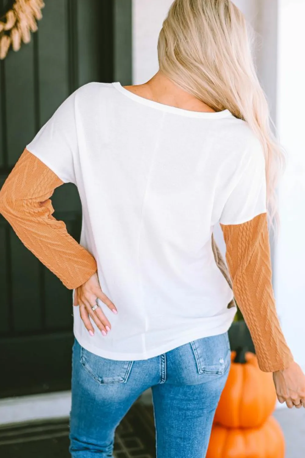 Sale Dear-Lover Long Sleeve Colorblock Chest Pocket Textured Knit Top Orange