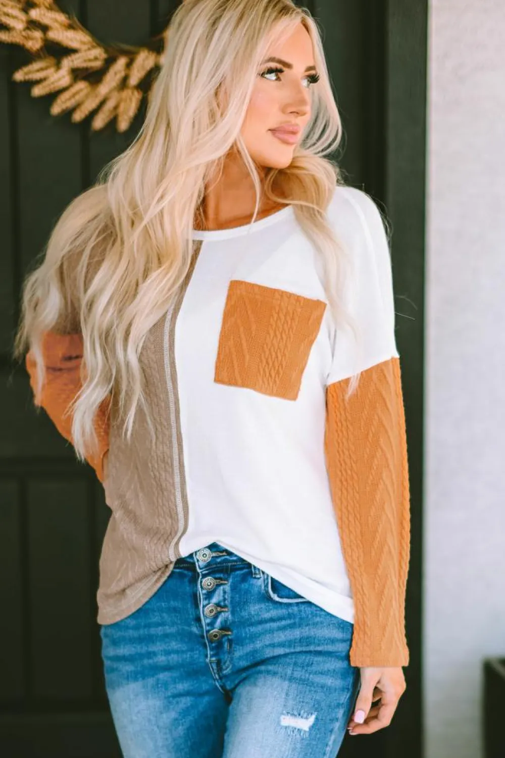 Sale Dear-Lover Long Sleeve Colorblock Chest Pocket Textured Knit Top Orange