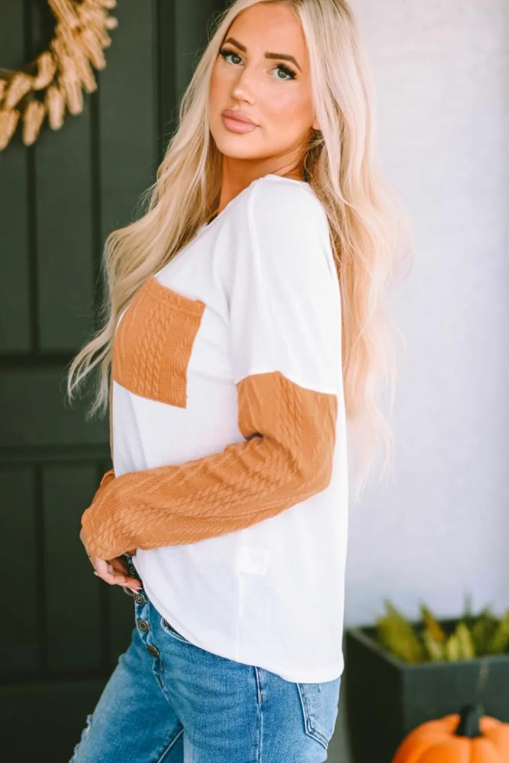 Sale Dear-Lover Long Sleeve Colorblock Chest Pocket Textured Knit Top Orange