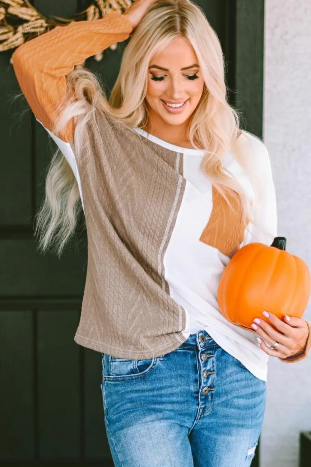 Sale Dear-Lover Long Sleeve Colorblock Chest Pocket Textured Knit Top Orange