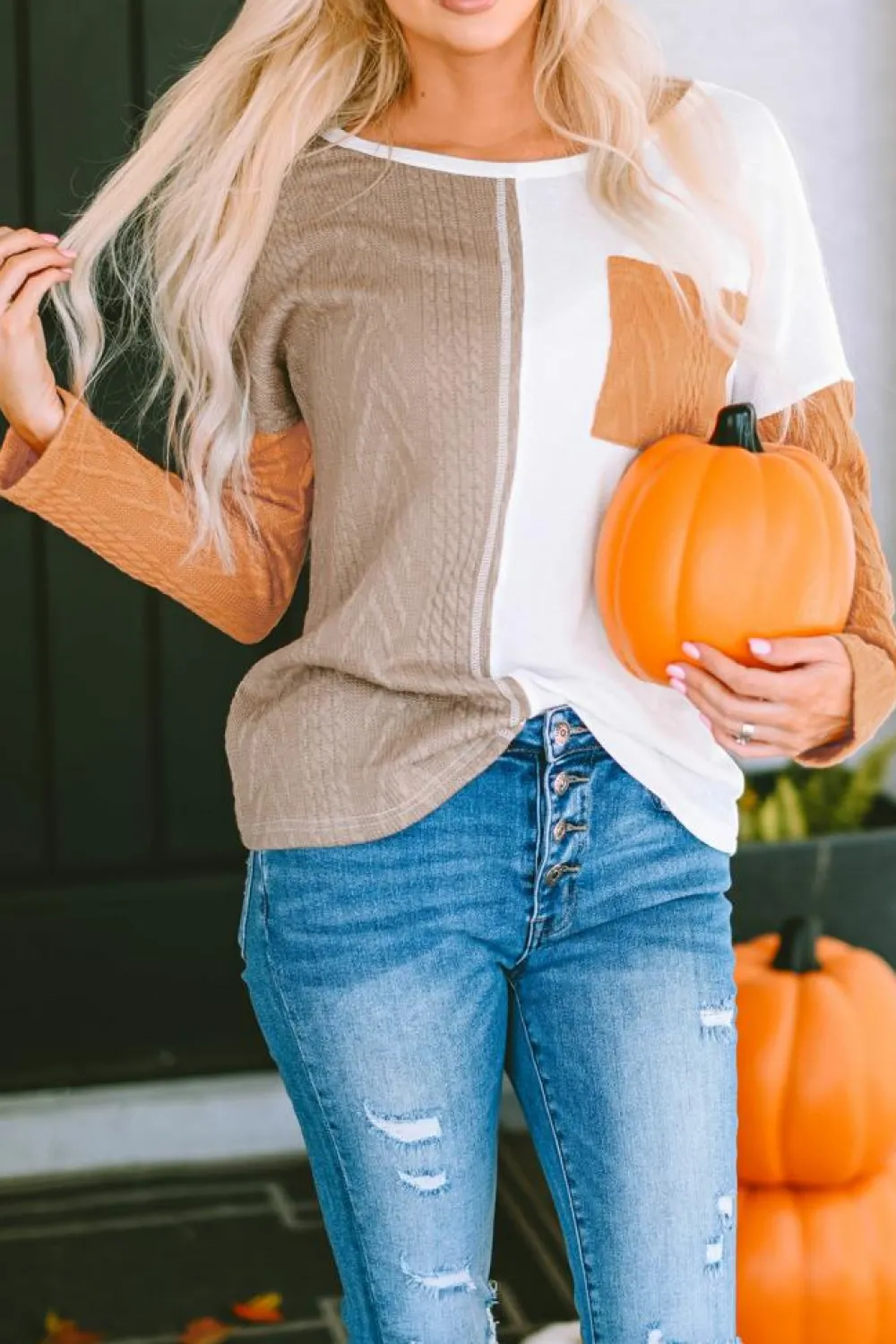 Sale Dear-Lover Long Sleeve Colorblock Chest Pocket Textured Knit Top Orange