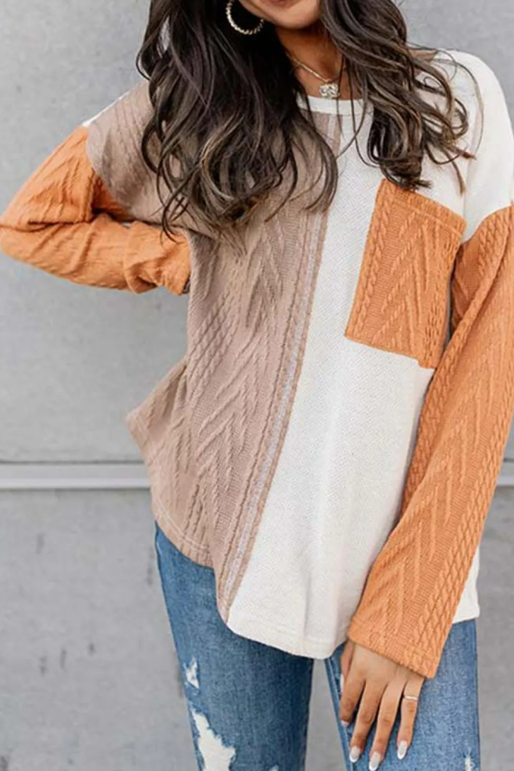 Sale Dear-Lover Long Sleeve Colorblock Chest Pocket Textured Knit Top Orange
