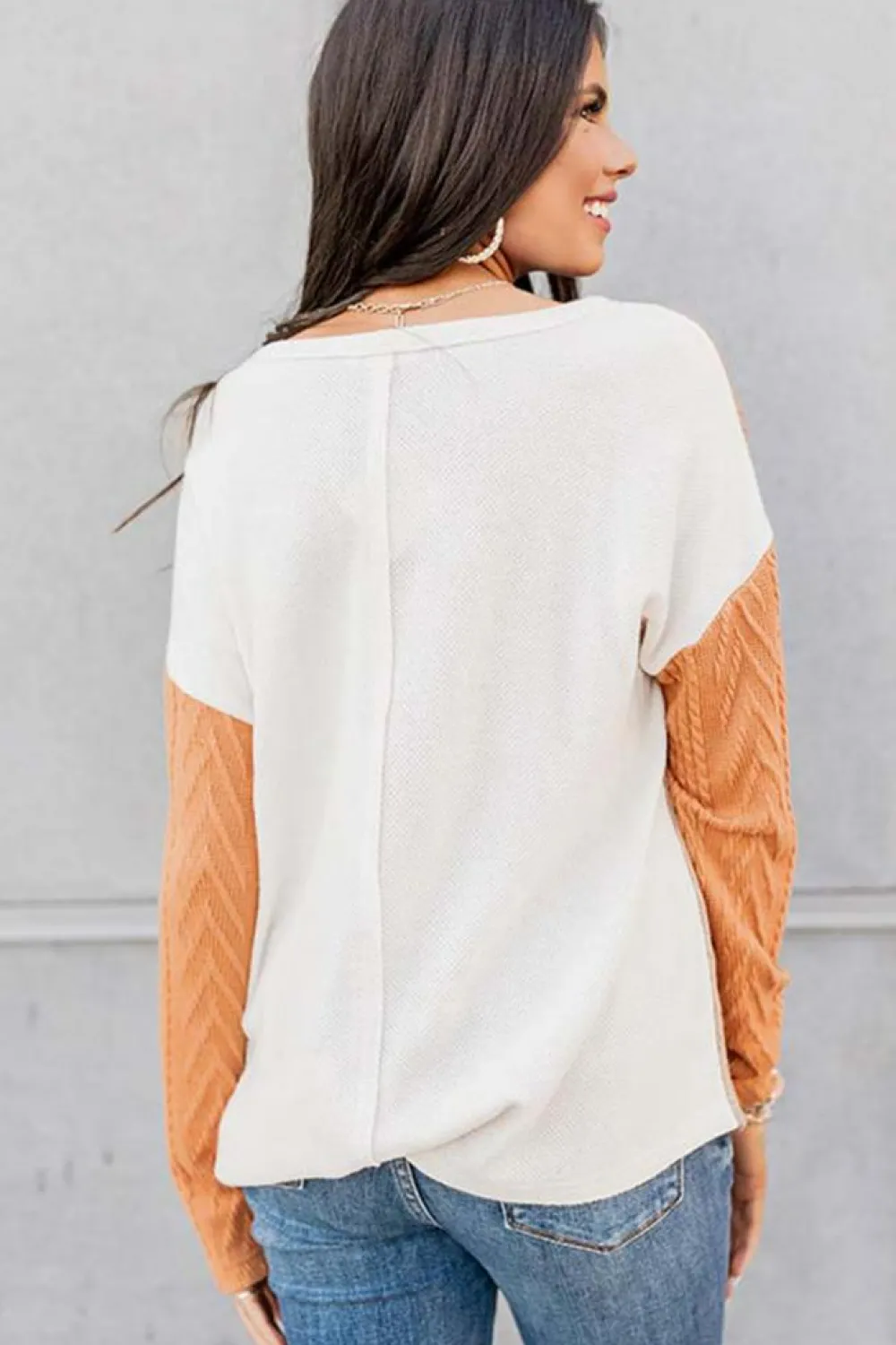 Sale Dear-Lover Long Sleeve Colorblock Chest Pocket Textured Knit Top Orange