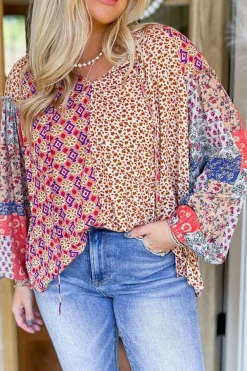 Sale Dear-Lover Mixed Floral Printed Long Sleeve Tied V Neck Blouse Orange