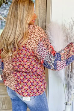 Sale Dear-Lover Mixed Floral Printed Long Sleeve Tied V Neck Blouse Orange